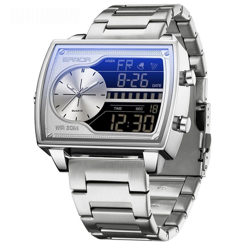 Mens Multifunctional Luminous Waterproof Watch 6163 Steel Belt Silver Black