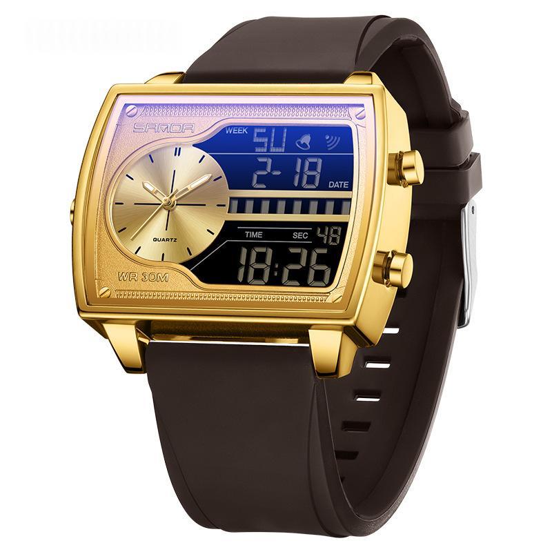 Mens Multifunctional Luminous Waterproof Watch 6163 Silicone Coffee Gold