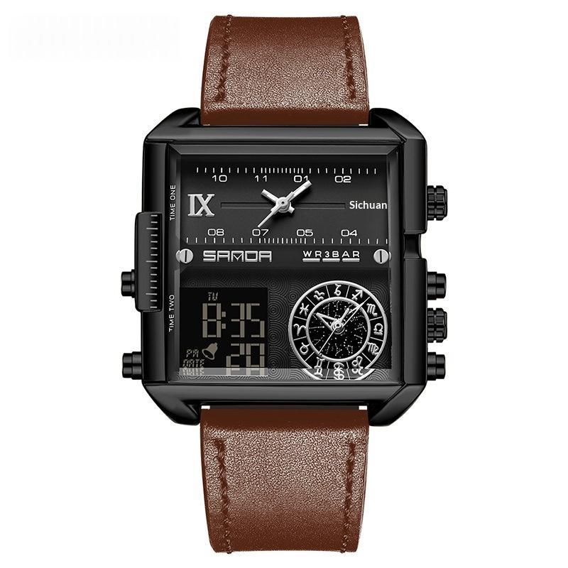 Mens Multifunctional Luminous Waterproof Watch 9008 Coffee Belt Black