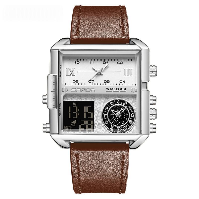 Mens Multifunctional Luminous Waterproof Watch 9008 Coffee Belt Silver