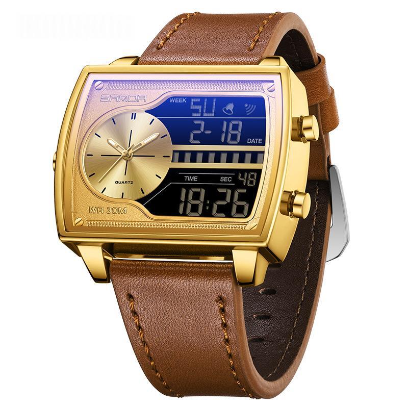 Mens Multifunctional Luminous Waterproof Watch 6163 Belt Coffee Gold