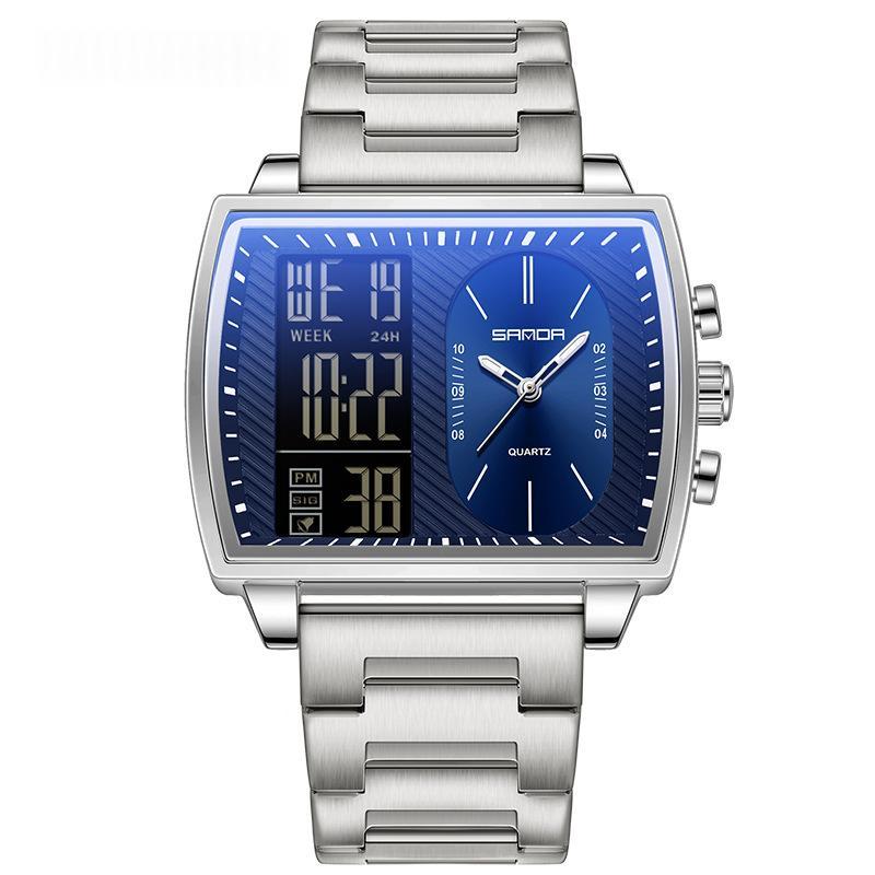 Mens Multifunctional Luminous Waterproof Watch 6238 Steel Belt Silver Blue