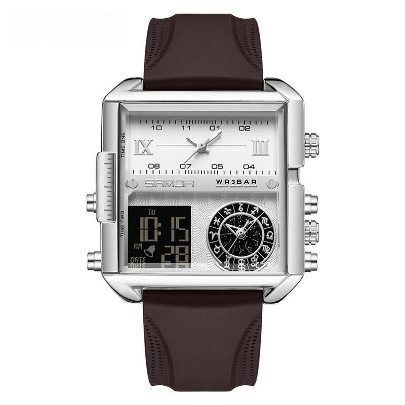Mens Multifunctional Luminous Waterproof Watch 9008 Silicone Coffee Silver