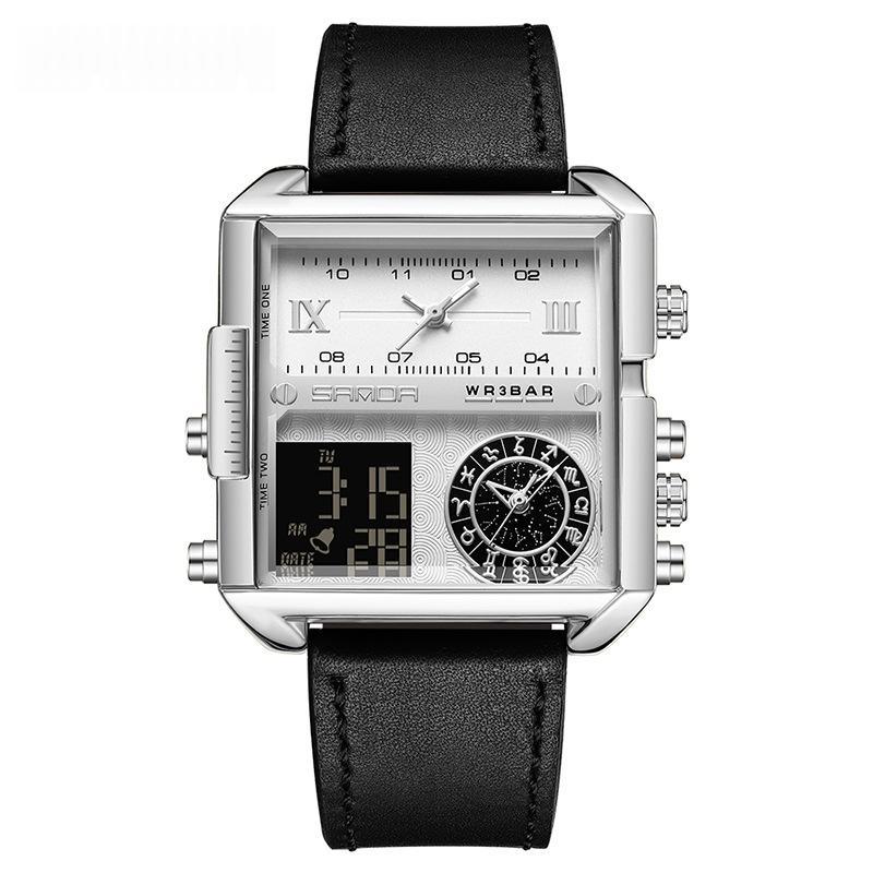 Mens Multifunctional Luminous Waterproof Watch 9008 Belt Black Silver