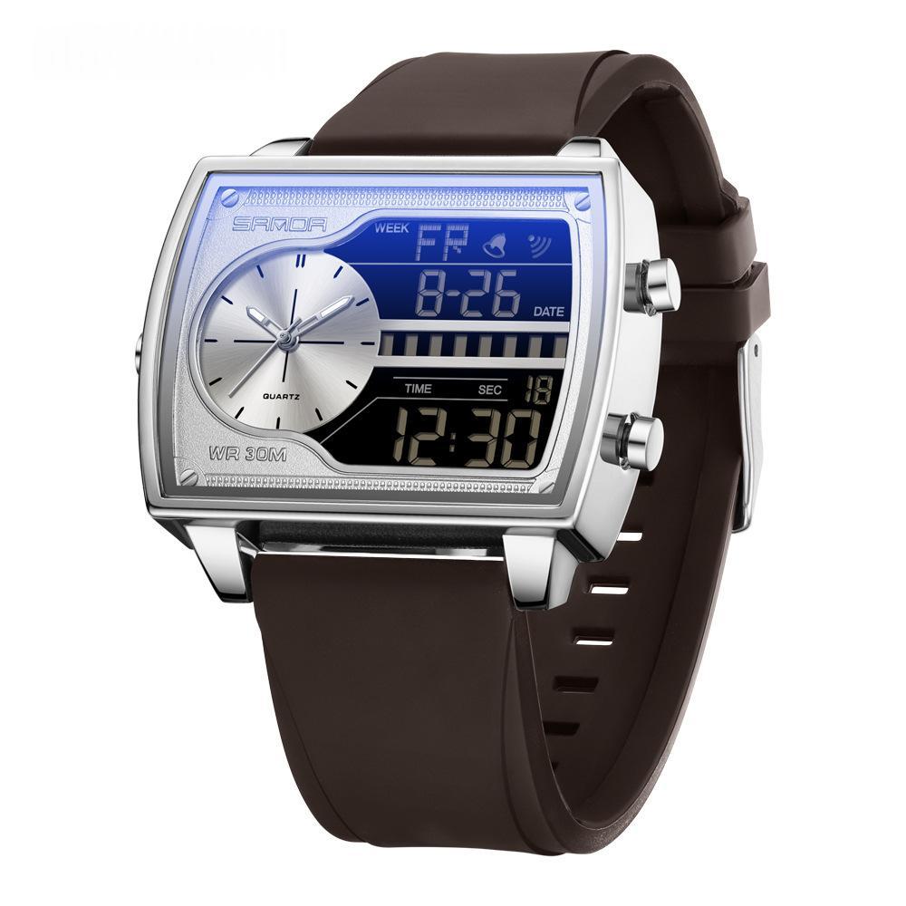 Mens Multifunctional Luminous Waterproof Watch 6163 Silicone Coffee Silver