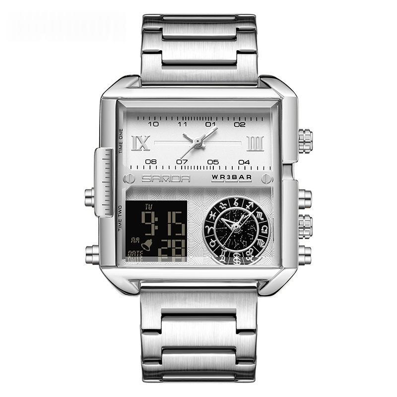 Mens Multifunctional Luminous Waterproof Watch 9008 Steel Belt Silver
