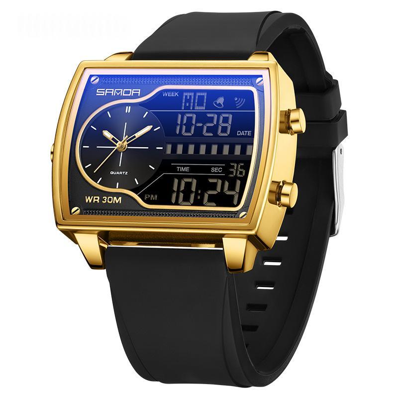 Mens Multifunctional Luminous Waterproof Watch 6163 Silicone Black Gold