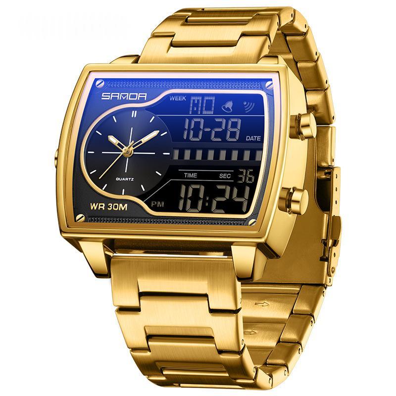 Mens Multifunctional Luminous Waterproof Watch 6163 Steel Belt Gold Black