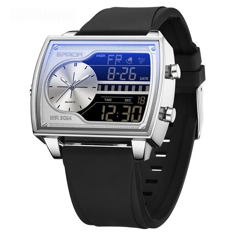 Mens Multifunctional Luminous Waterproof Watch 6163 Silicone Black Silver