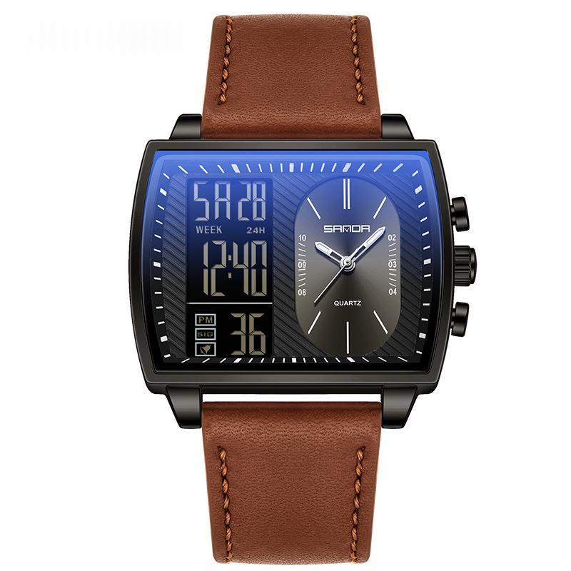 Mens Multifunctional Luminous Waterproof Watch 6238 Coffee Leather Belt Black