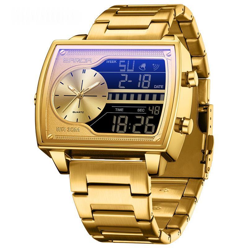 Mens Multifunctional Luminous Waterproof Watch 6163 Steel Belt Gold