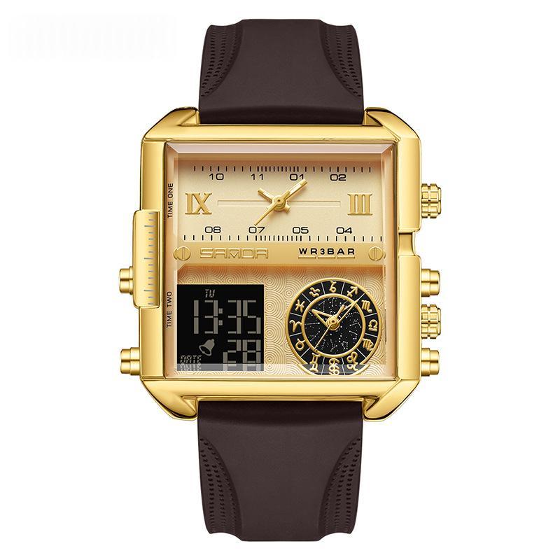 Mens Multifunctional Luminous Waterproof Watch 9008 Silicone Coffee Black