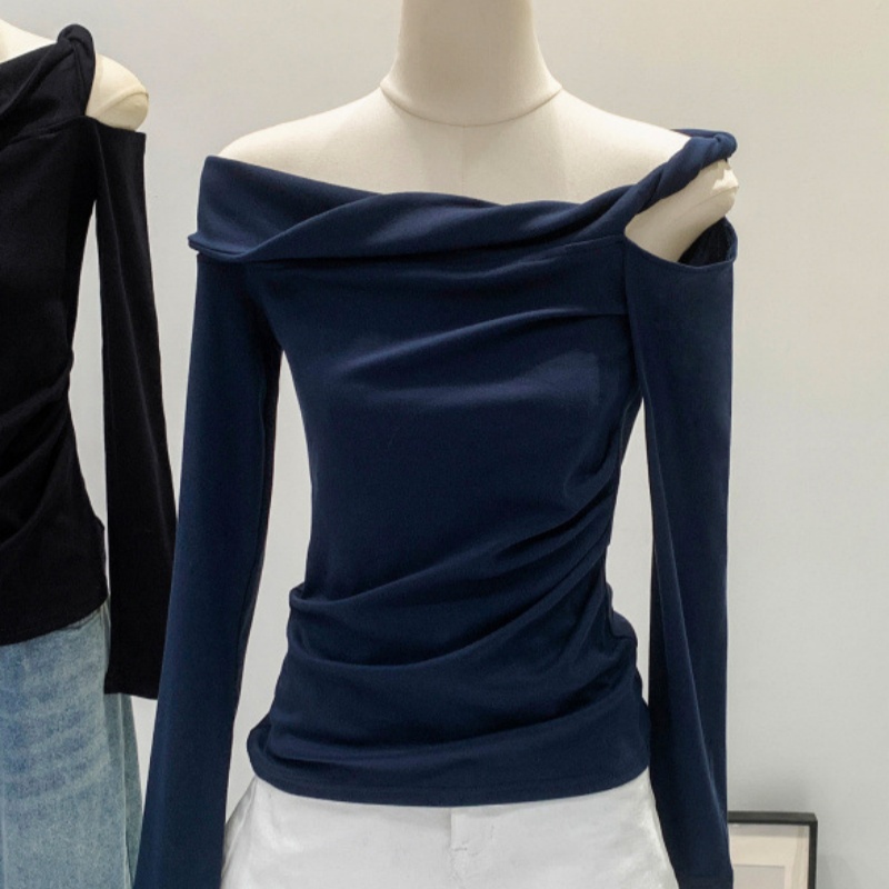 American-style Vintage Asymmetrical Slimming Off-shoulder Long Sleeves
