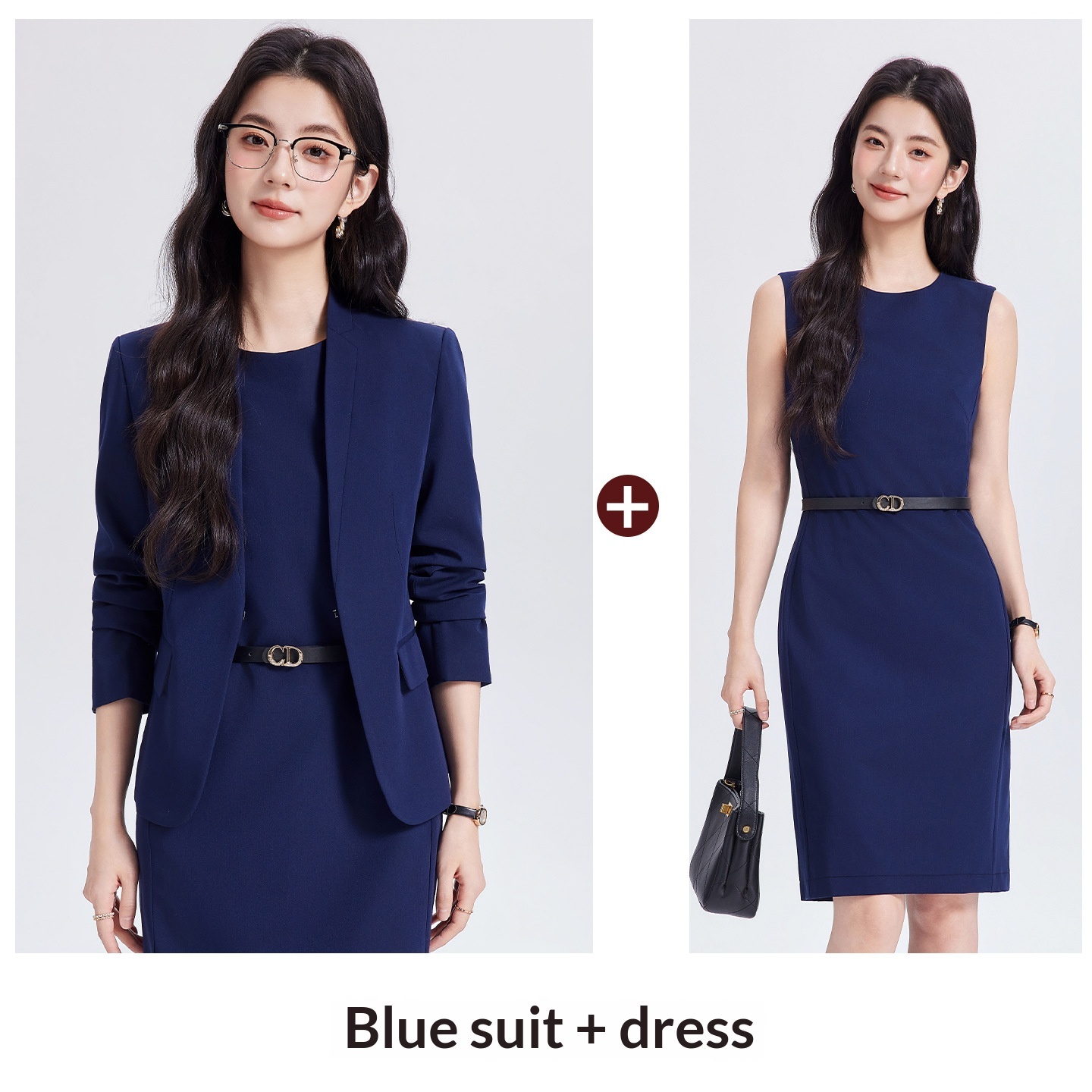 Color: Blue Suit Blue Dress Belt, Size: L - Gray Womens Formal Suit Dress Professional Skirt Suit