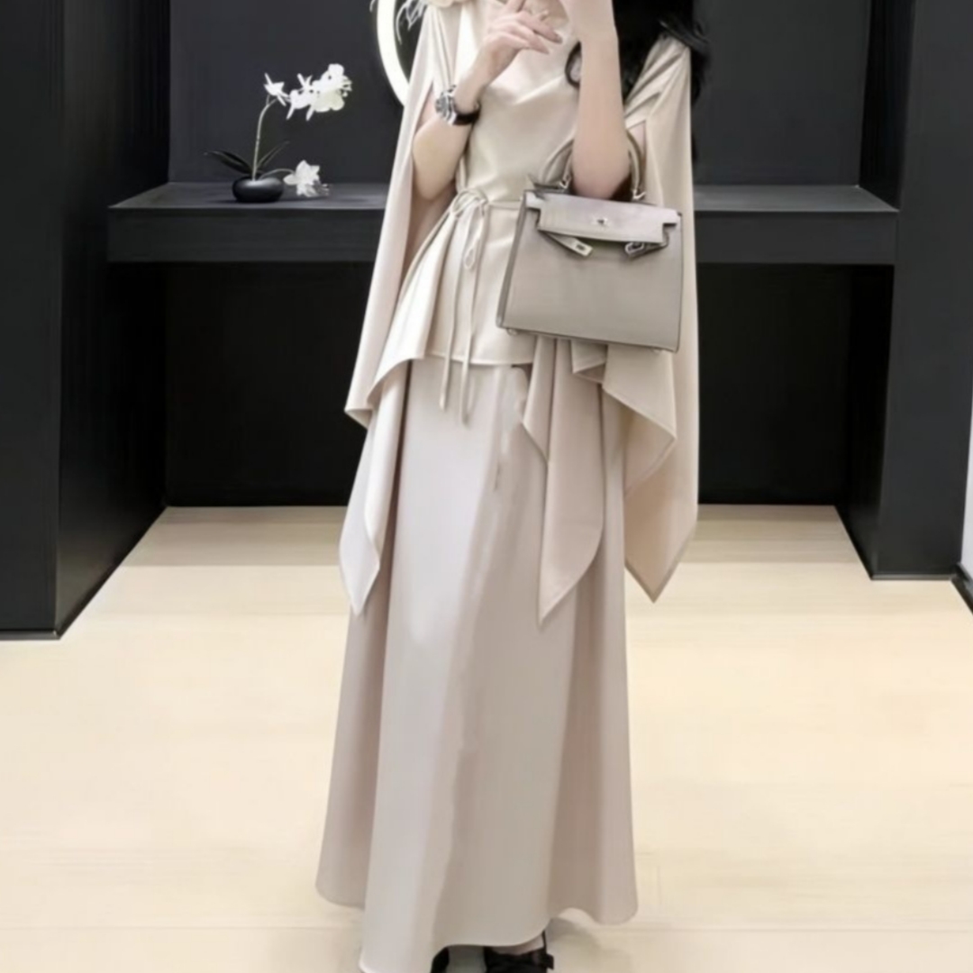Womens Summer Waist-Cinching Cape Top And High-Waisted Flowy Midi Skirt Set