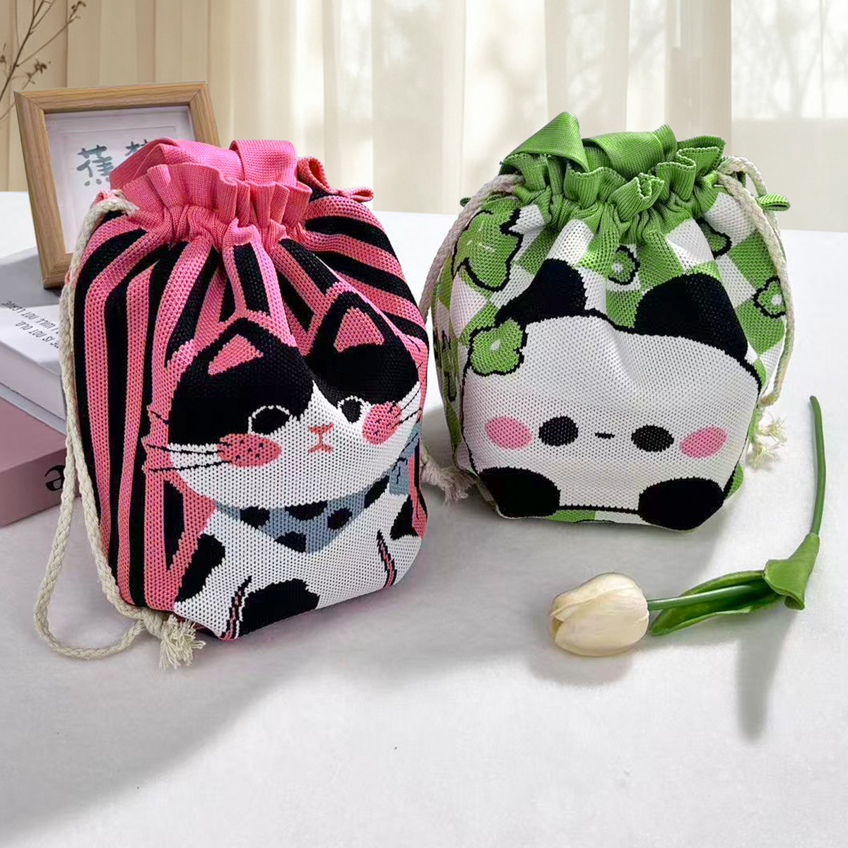Japanese Cartoon Knitted Drawstring Handbag