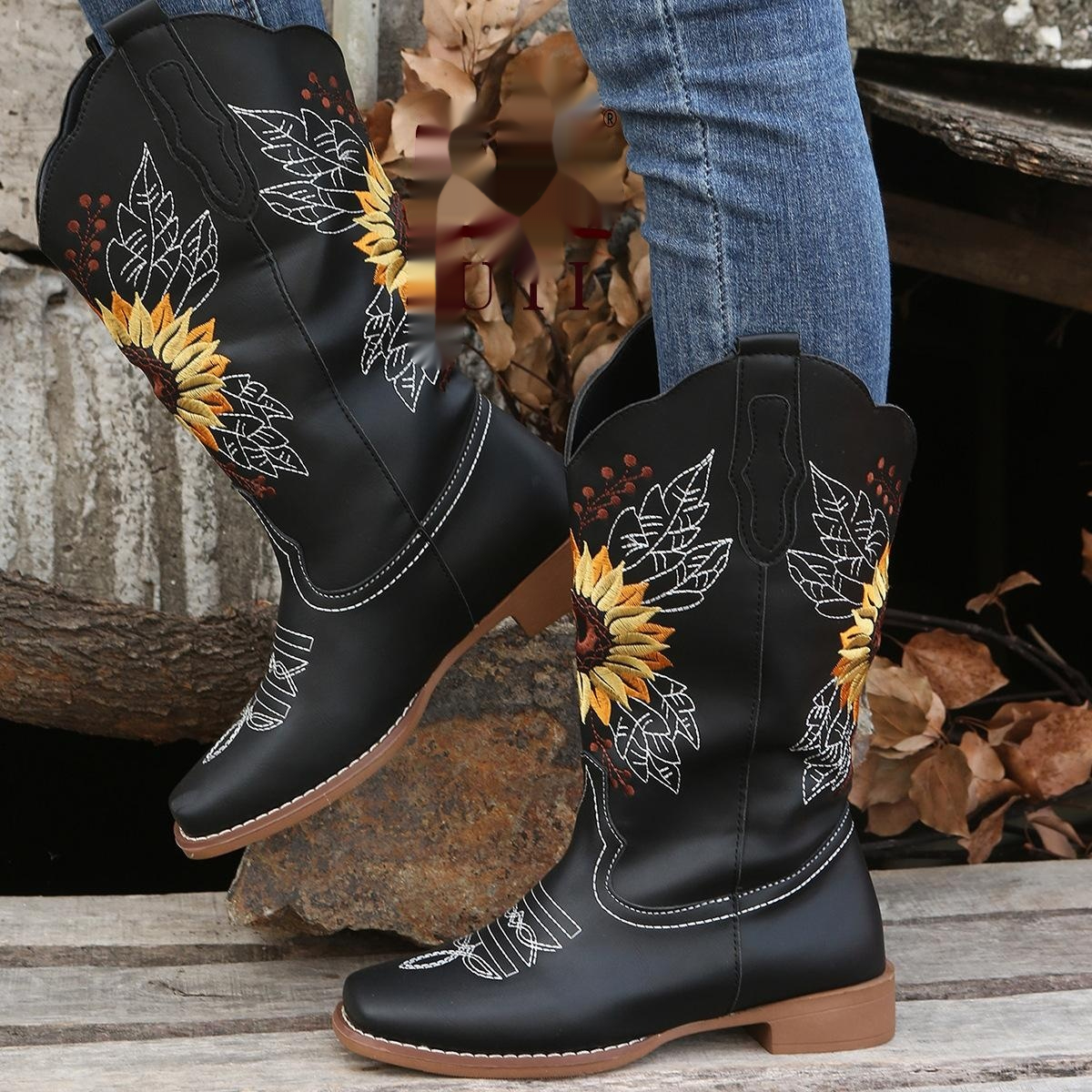 Western-style Chunky-heeled Plus-size Embroidered Long Boots For Foreign Trade