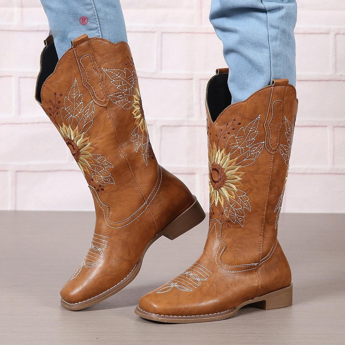 Embroidered Mid-Calf Boots