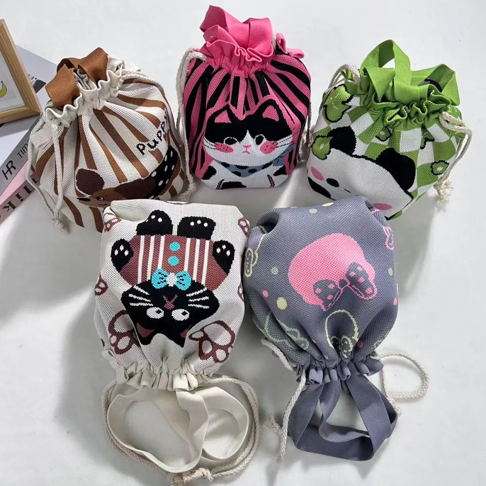 Japanese Cartoon Knitted Drawstring Handbag
