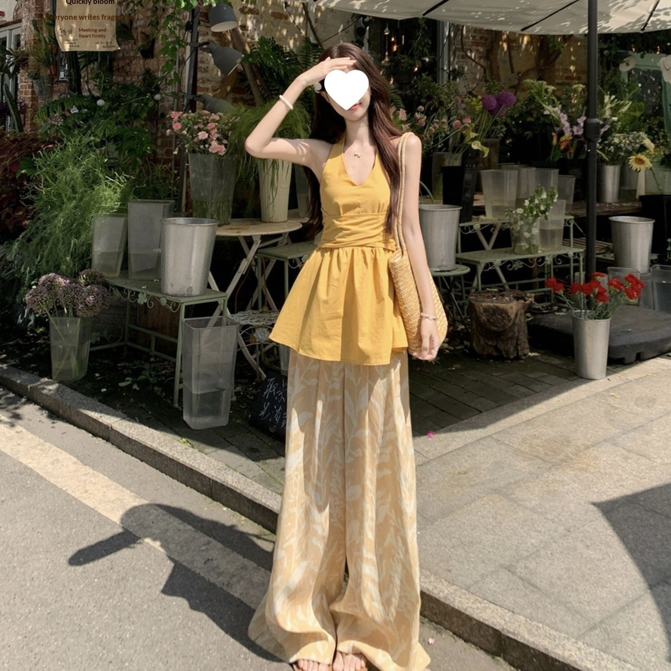 Yellow Halter-top And Waist-cinching Wide-leg Pants Summer Two-piece Set