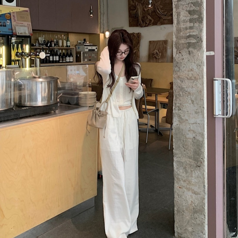 Minimalist Halter-Neck Strap Sun-Protection Cardigan And Wide-Leg Pants Three-Piece Set