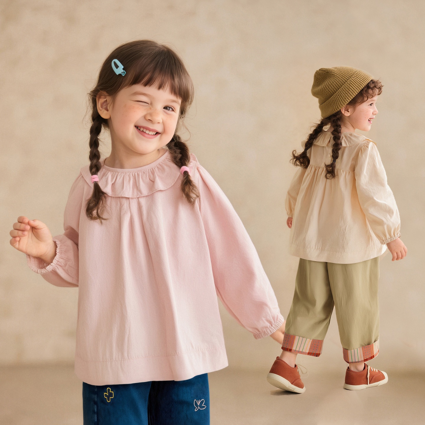 Girls Long Sleeve Blouse Solid Color Lace Collar Top