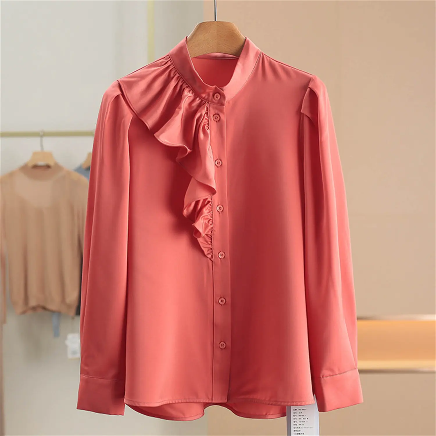 Round Neck Ruffled Solid Color Simple Shirt