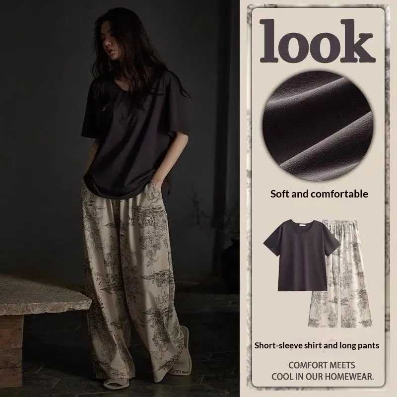 Modal Pajamas Simple And Casual With Built-in Chest Pads Short Sleeves And Long Pants