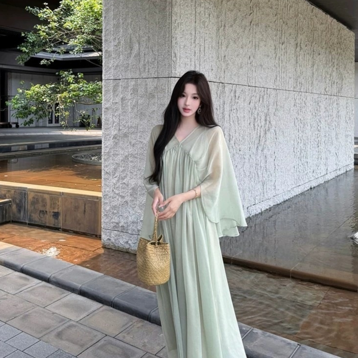 Beach-style Holiday Shawl Cape Green Strap Maxi Dress