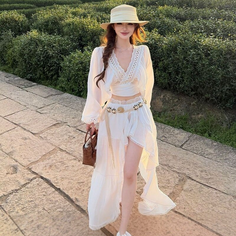 French Bohemian-style White Lace Hollow-out Two-piece Set