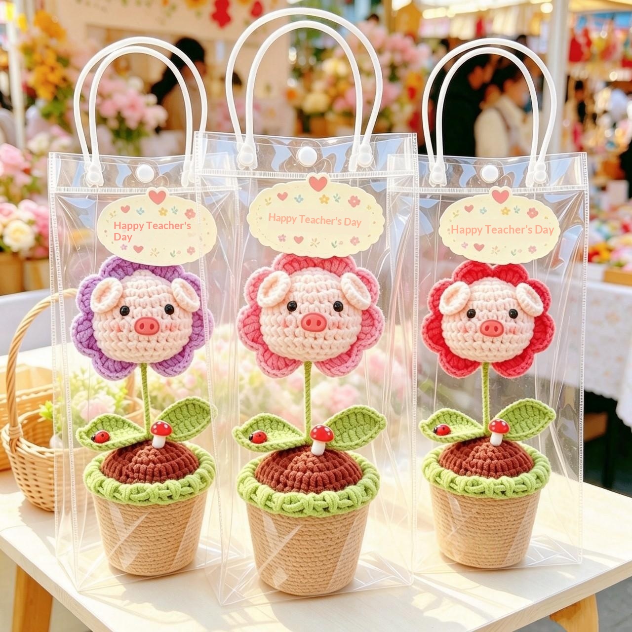 Hand-knitted Yarn Balloon Pig Flower Pot Home Desk Decoration