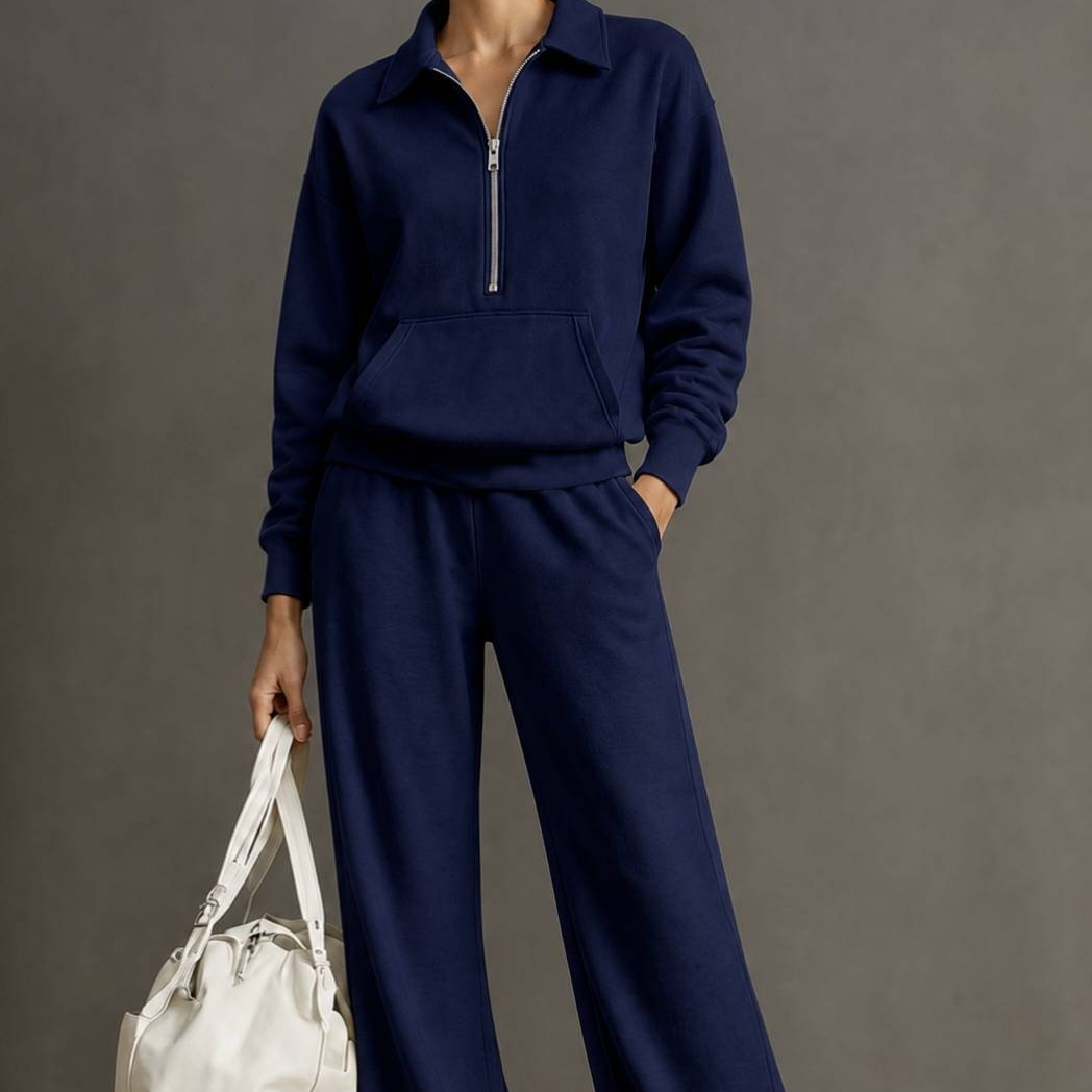 Womens Two-Piece Set Zip-Up Sweatshirt And Loose-Fitting Casual Wide-Leg Pants