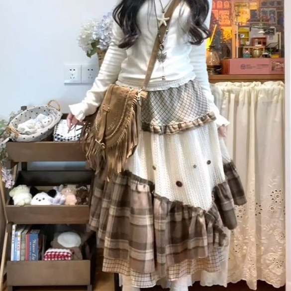 Womens Autumn Winter Plaid A-Line Tiered Skirt