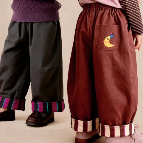 Casual Pants with Embroidered Stripes and Rolled Hem Long-length