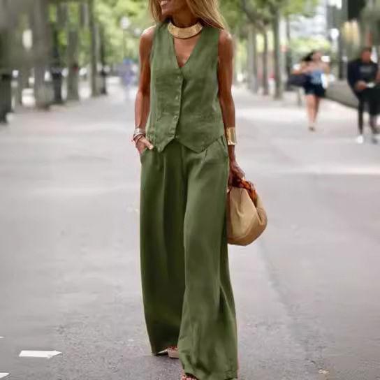 Fashionable Solid-Color Vest And Pants Casual Set With Patchwork And Splicing