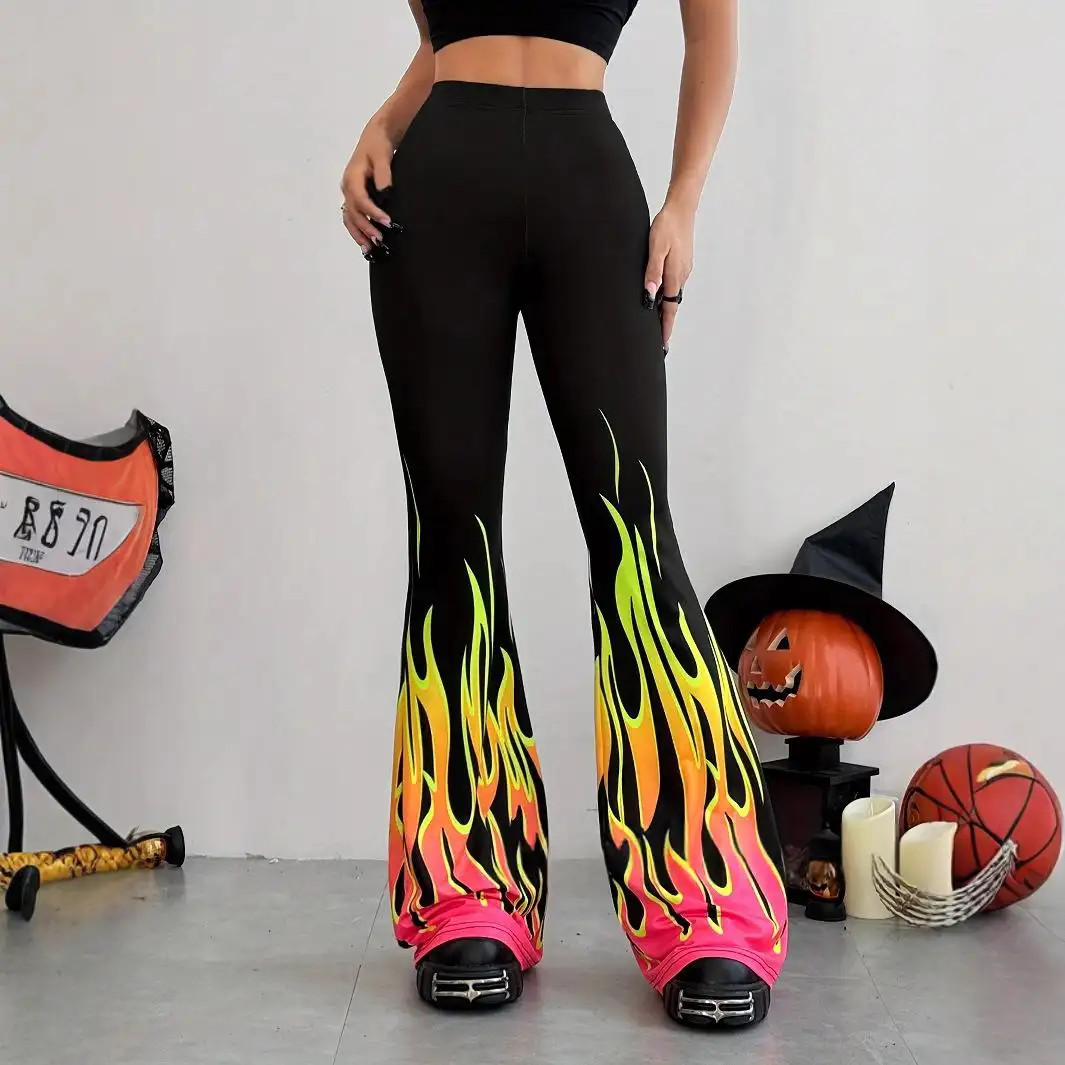 Womens Flare Pants With 3D Digital Flame