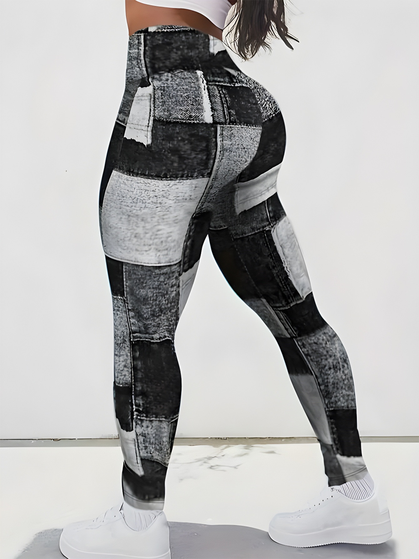 Plaid Patchwork Printed Yoga Fitness Pants S Black And Gray Print