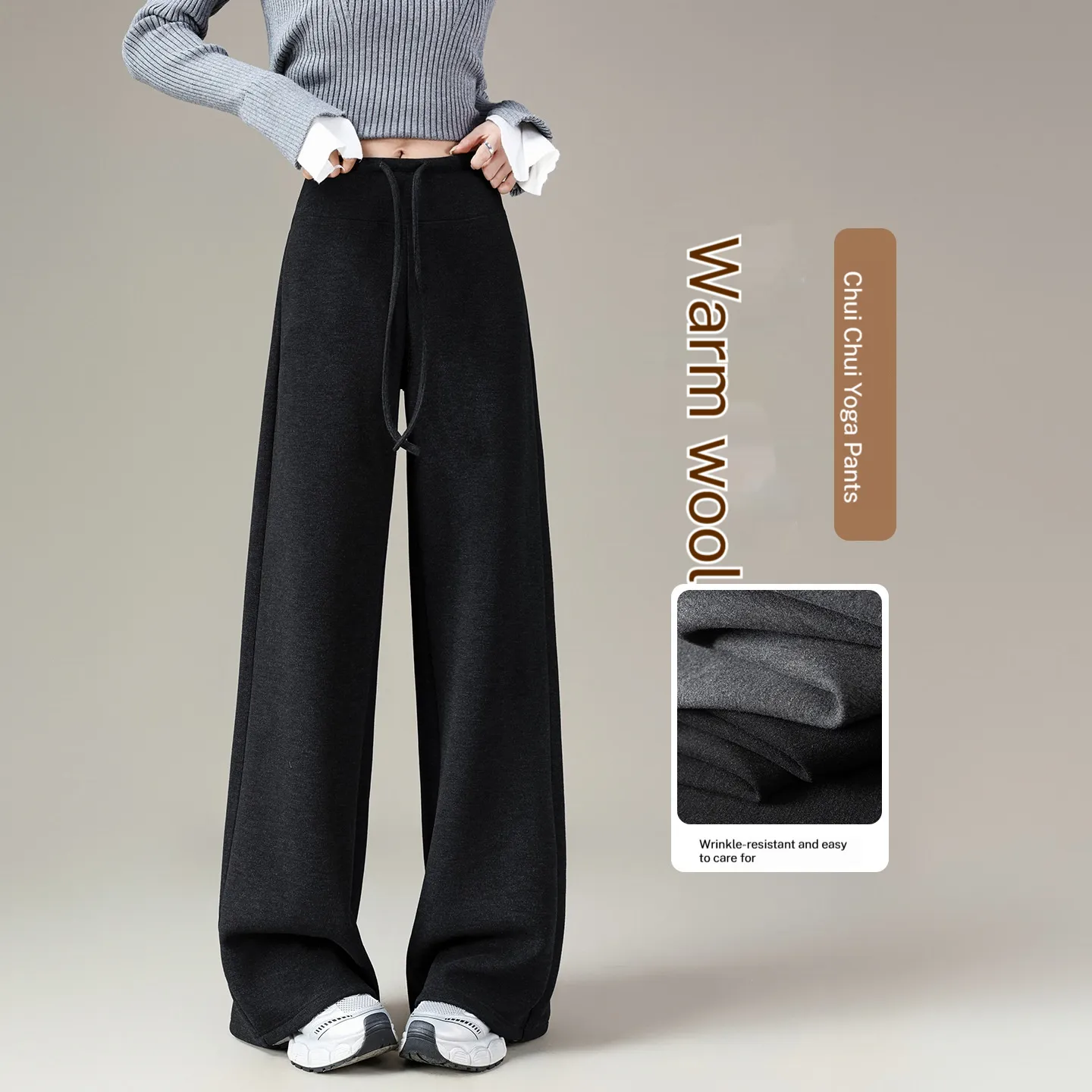 Womens High-waisted Figure-flattering Drawstring Straight-leg Casual Pants