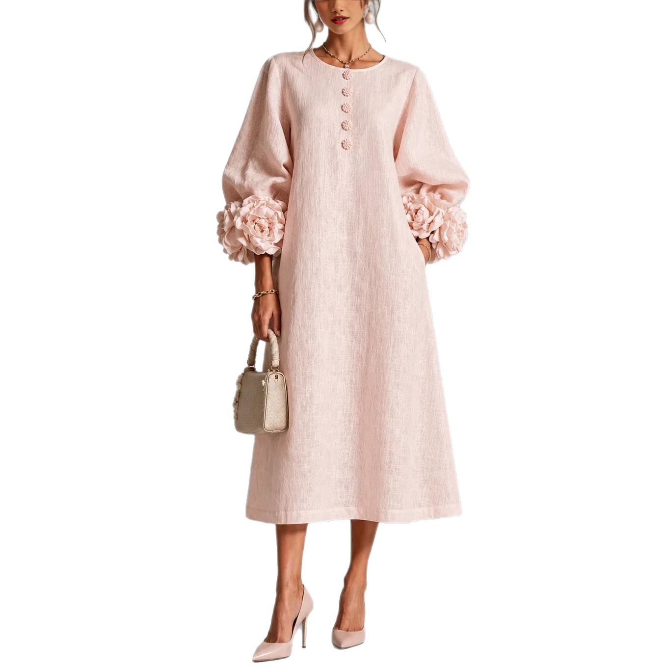 Puff Sleeve Floral Dress Pink Navy - French Style A-Line