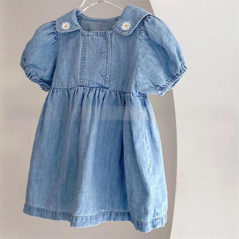 Short-sleeved Bubble-embroidered Denim Dress