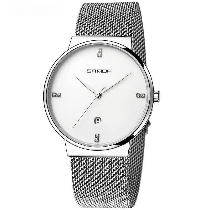 Quartz Watch, Personalized And Minimalist, Universal Wristwatch With A Calendar 210 Mesh With Silver White