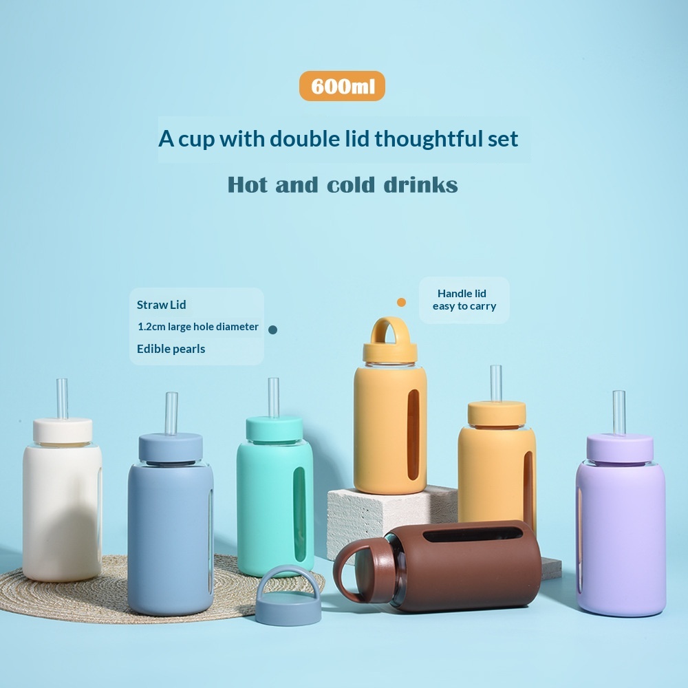 600ml Silicone-sleeved Glass Water Cup, One Cup With Two Lids, Sipper-friendly