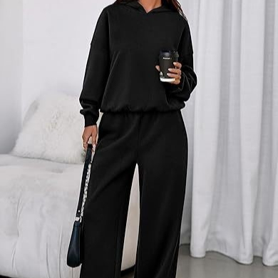 Womens Fleece-Lined Long-Sleeve Top And Loose- Fit Wide-Leg Pants Two-Piece Set