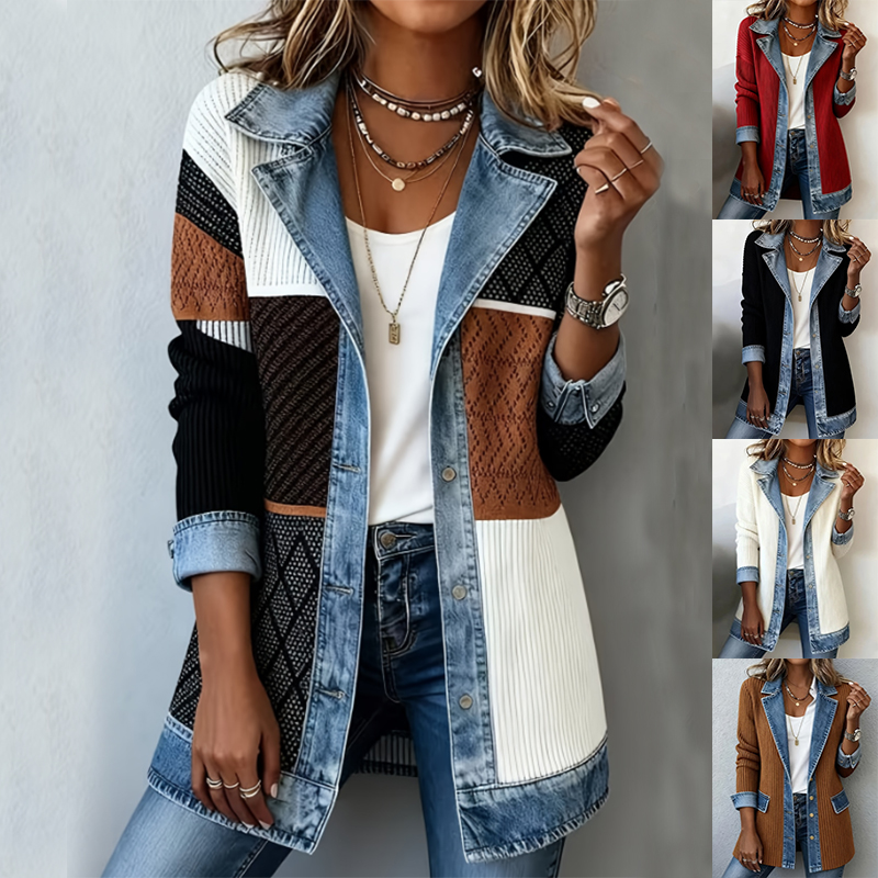 Denim Patchwork Jacket Women's Fashion Elegant Slim Fit Long-Sleeved Tops