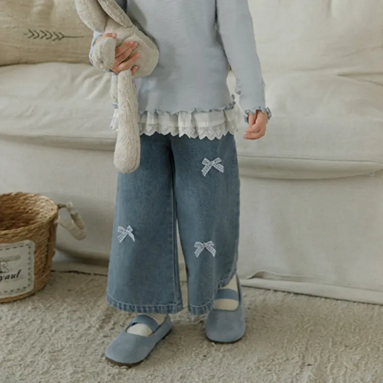 Girls' Wide Leg Bow Embroidered Elastic Waisted Jeans