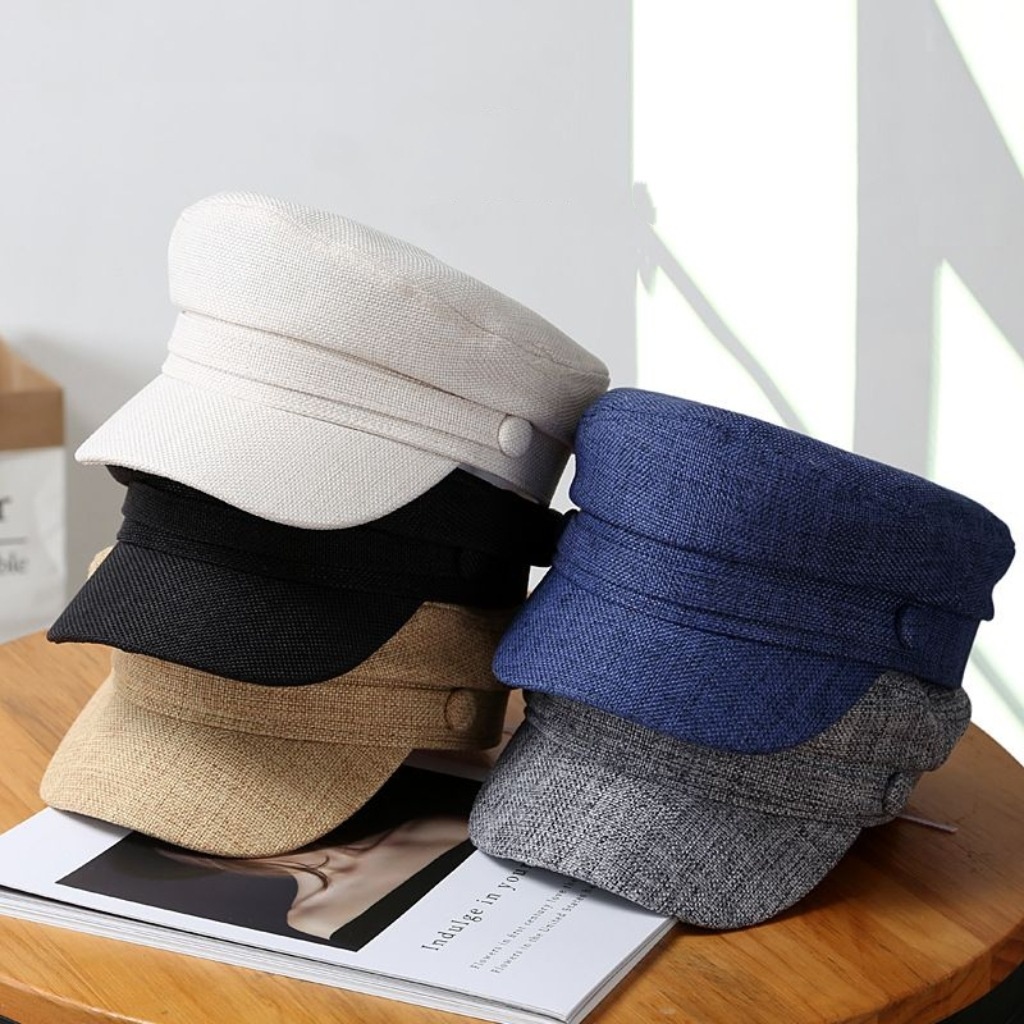 Japanese-style Retro Solid-color Flat-top Cotton-linen Sailor Hat For Women