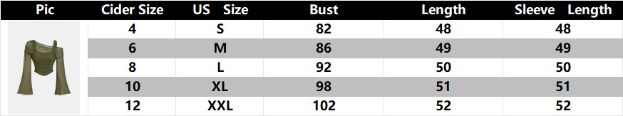 Women's mesh neck top – size chart reference