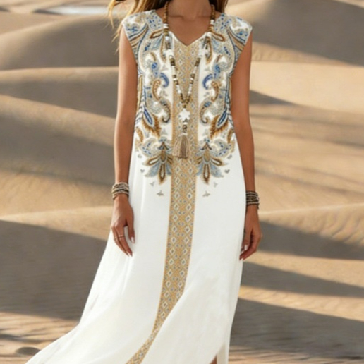 Retro Ethnic Style Dress - Women's Casual Long Sleeve Maxi Dress for Daily Wear and Vacation
