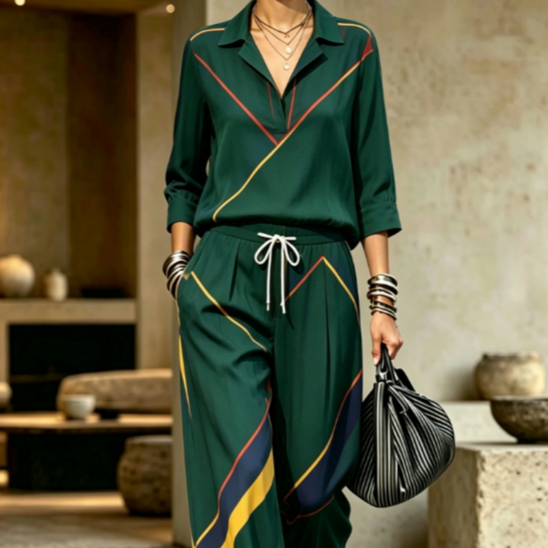 Womens Summer Lapel-Neck Cropped-Sleeve Set