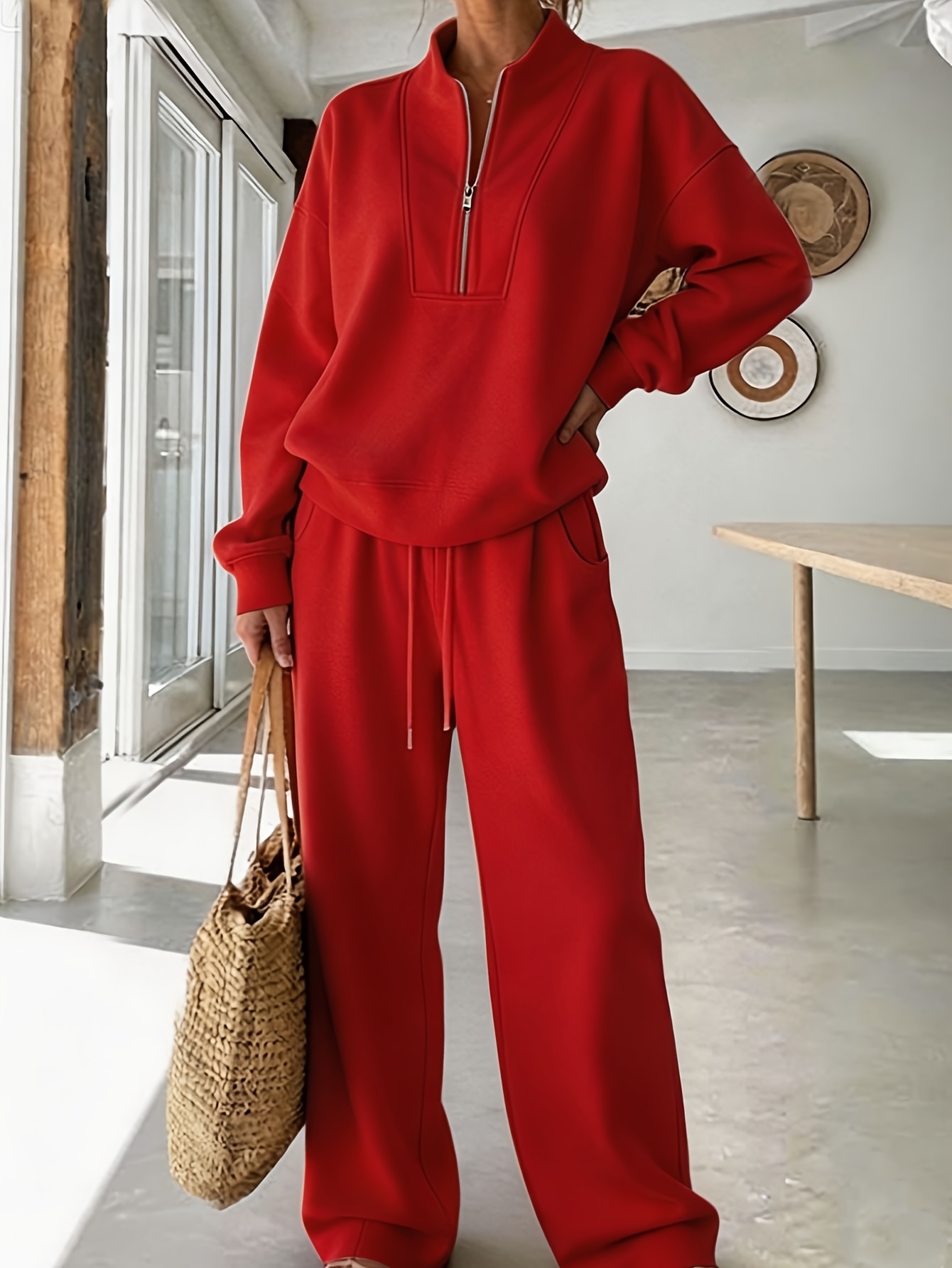 Women's casual suit – top and pants set detail and fabric view